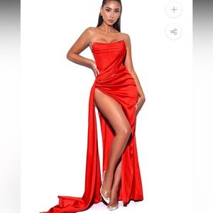 Red Crystallized Corset High Slit Satin Gown